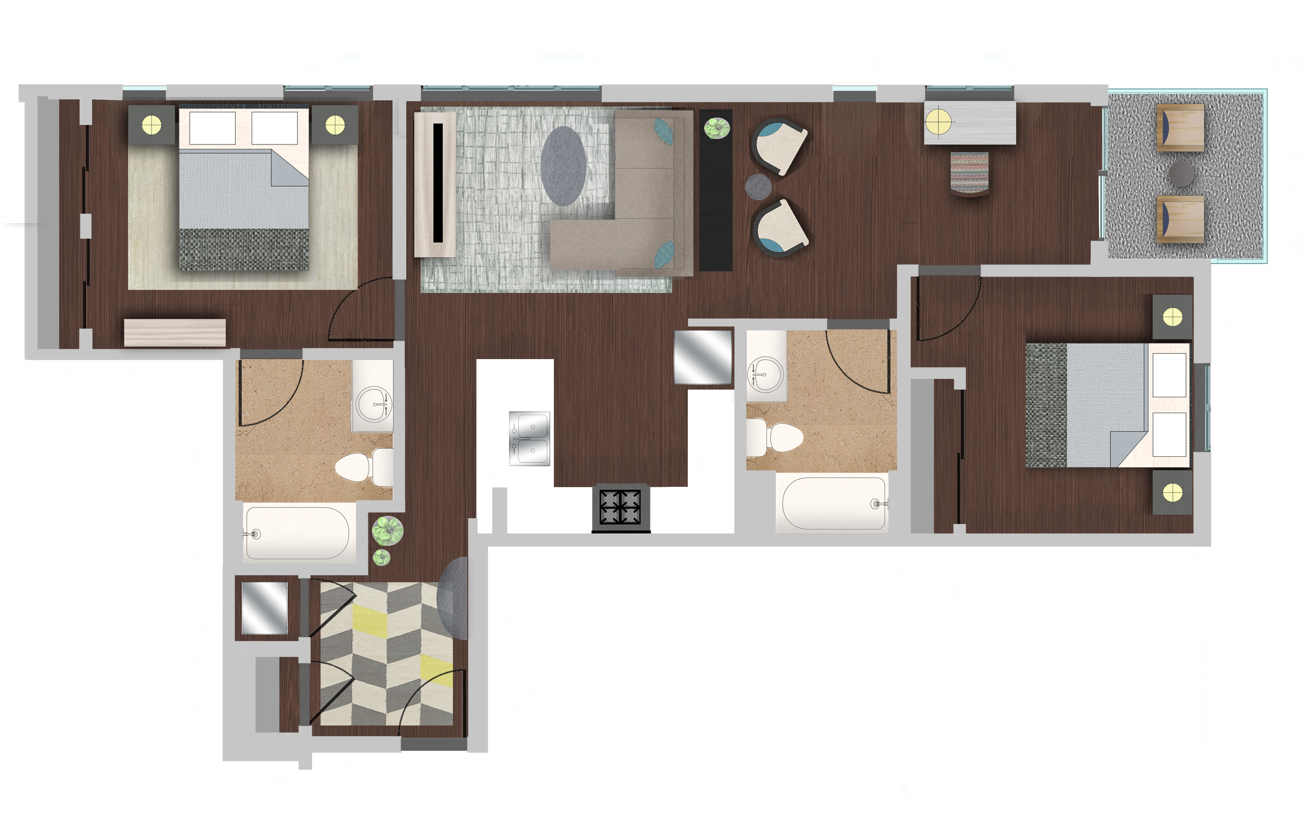 Floor plan for 2 beds, 2 baths, 1042 sqft
